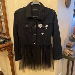 MUSTARD SEED Women Black Denim Bling Embellished Tulle Artsy Jacket Size Small